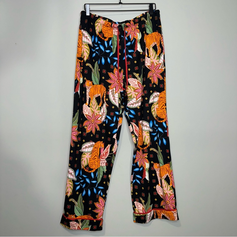 Room Service Womens XL Pajama Pants Black Tropical Tiger Floral‎ Wide Leg Lounge